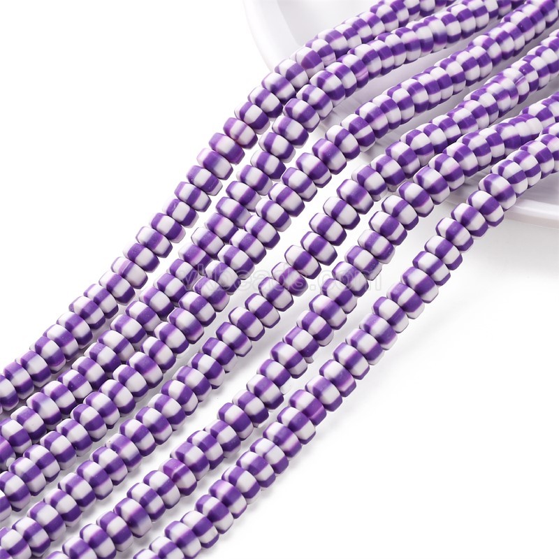 Purple White Polymer Clay Flat Round/Disc/Heishi Beads Strands, Approx 3x6mm, 38-39cm/strand