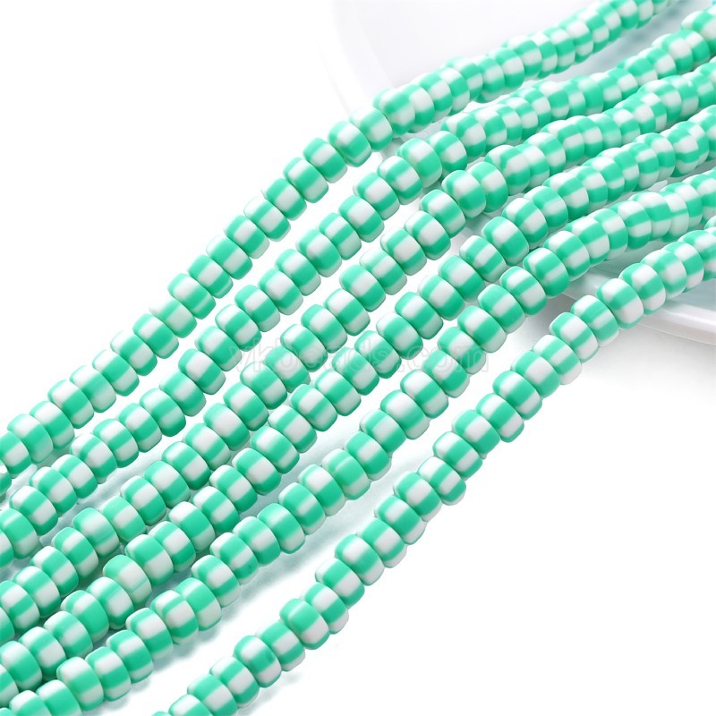 Blue-green White Polymer Clay Flat Round/Disc/Heishi Beads Strands, Approx 3x6mm, 38-39cm/strand