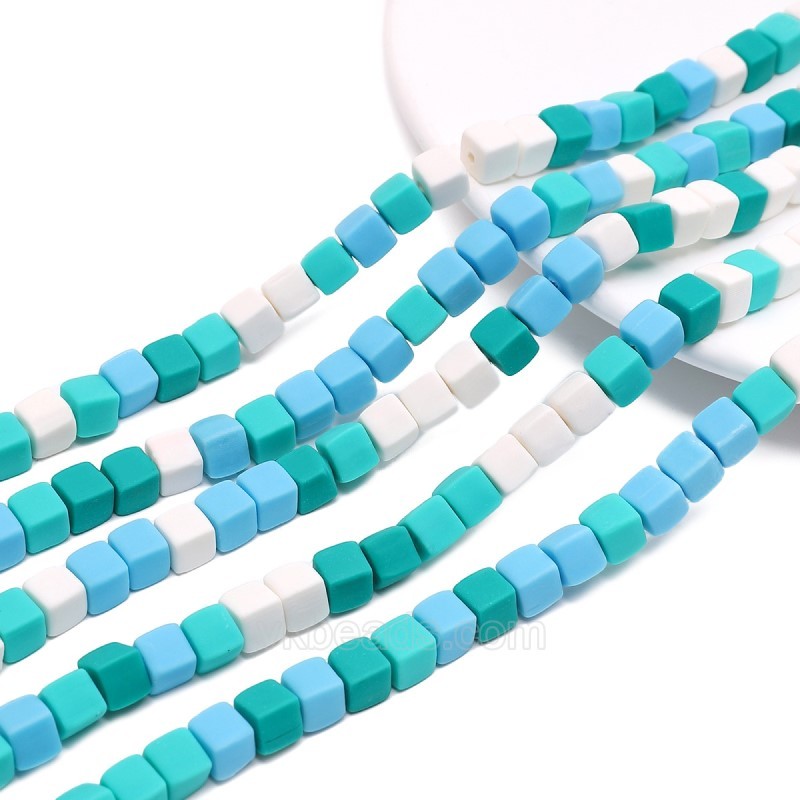 Blue Green Polymer Clay Cube Beads Strands, Approx 6mm, 36-37cm/strand