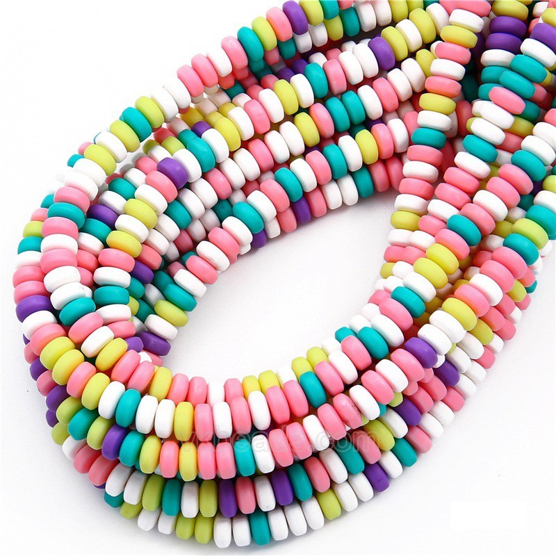 Mixed Color(Light Color Series) Polymer Clay Flat Round/Disc/Heishi Beads Strands, Approx 4x7mm, 38-39cm/strand
