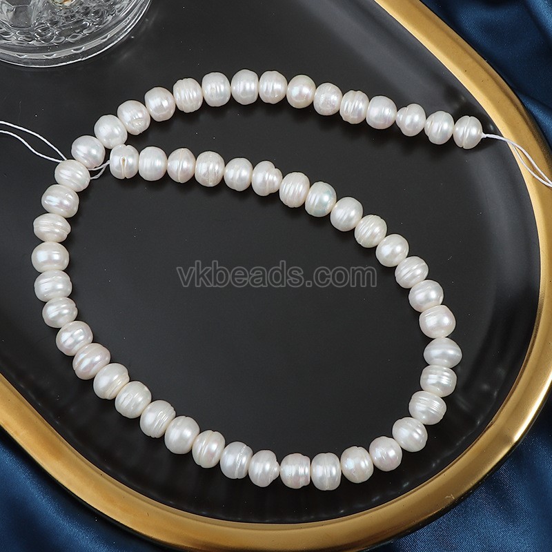 Natural Cultured White Freshwater Pearls Oblate/Flat Potato Beads Strands, with Deep Screw Thread, Approx 8-9mm, 36-38cm/strand