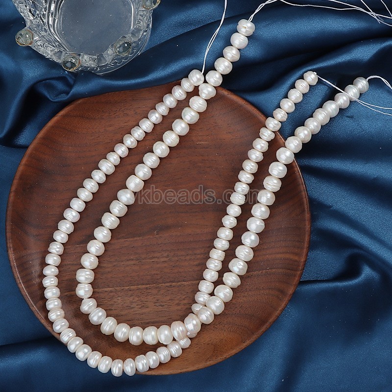 Natural Cultured White Freshwater Pearls Oblate/Flat Potato Beads Strands, with Deep Screw Thread, Approx 8-9mm, 36-38cm/strand