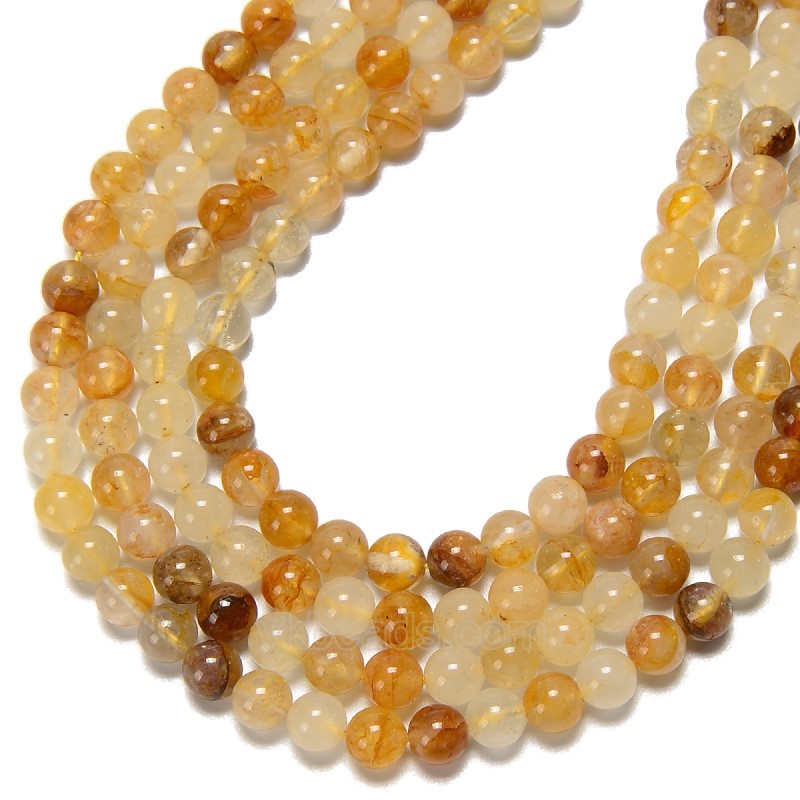 Yellow Hematoid Quartz/Fire Quartz Smooth Round Beads Strands, Approx 6-10mm, 38cm/strand
