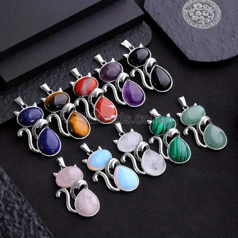 Multi-Gemstone Cat Kitten Pendants, with Rhodium Plated Base Metal Findings, Approx 21x44mm, Sell by Piece