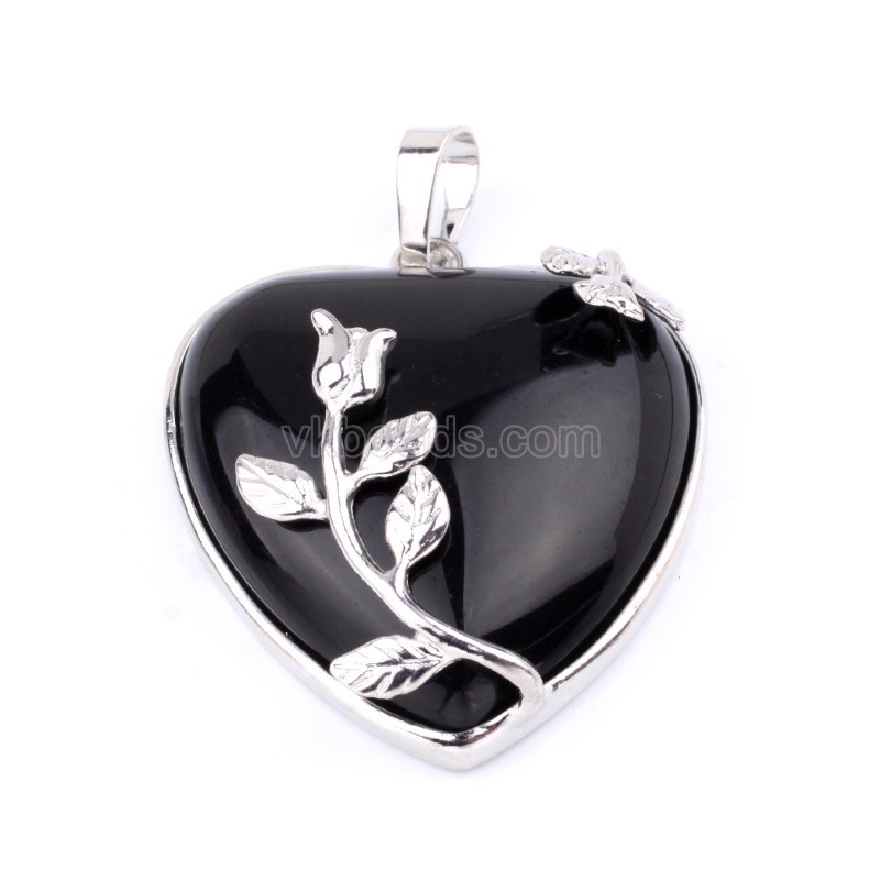 Multi-Gemstone Smooth Heart Pendants, with Flower Rhodium Plated Base Metal Findings, Approx 30mm, Sell by Piece