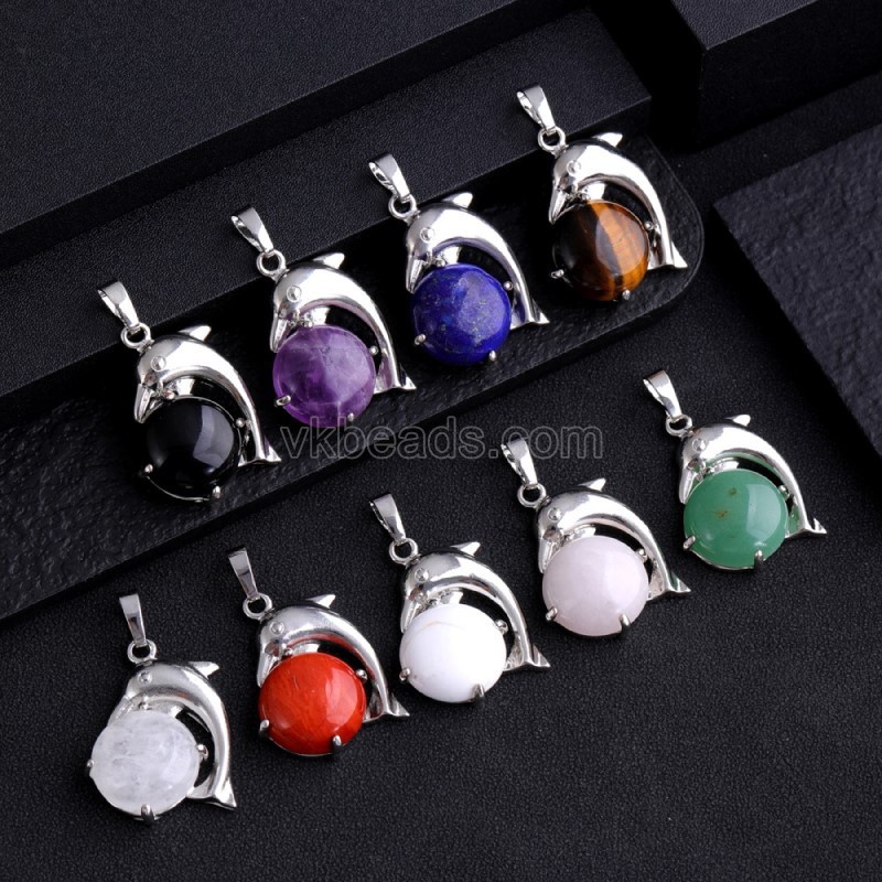 Multi-Gemstone Dolphin Pendants, with Rhodium Plated Base Metal Findings, Approx 22x25mm, Sell by Piece