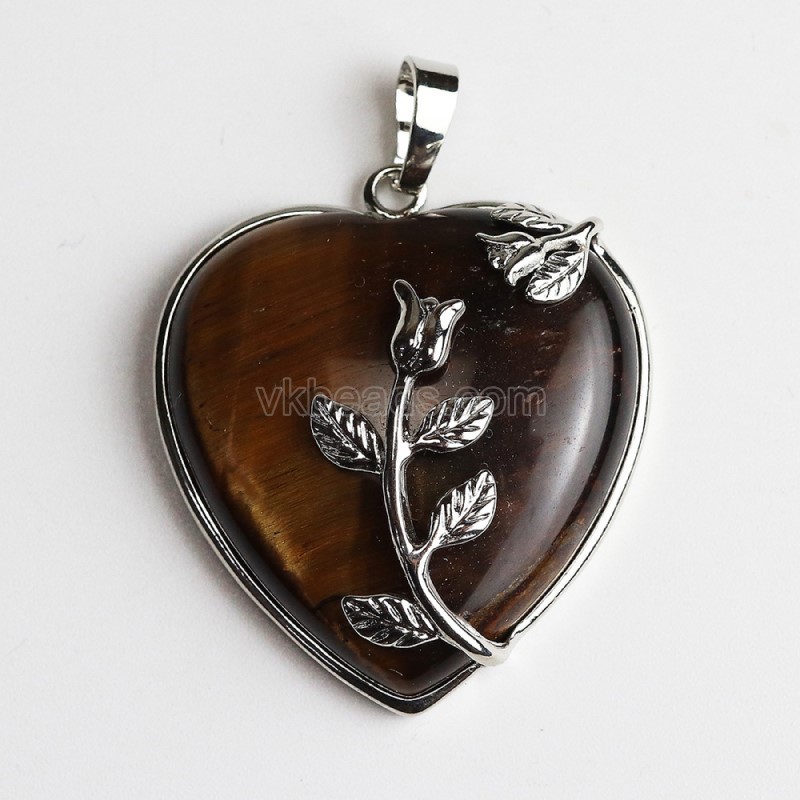 Multi-Gemstone Smooth Heart Pendants, with Rose Flower Rhodium Plated Base Metal Findings, Approx 31mm, Sell by Piece