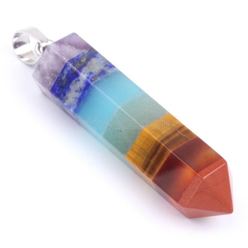 7 Chakra Pendants, Amethyst+Lapis Lazuli+Dyed Blue Jade+Green Aventurine+Yellow Tiger Eye+Red Agate(Dyed)+Red Jasper, with Rhodium Plated Base Metal Findings, Sell by Piece