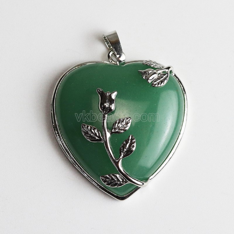 Multi-Gemstone Smooth Heart Pendants, with Rose Flower Rhodium Plated Base Metal Findings, Approx 31mm, Sell by Piece