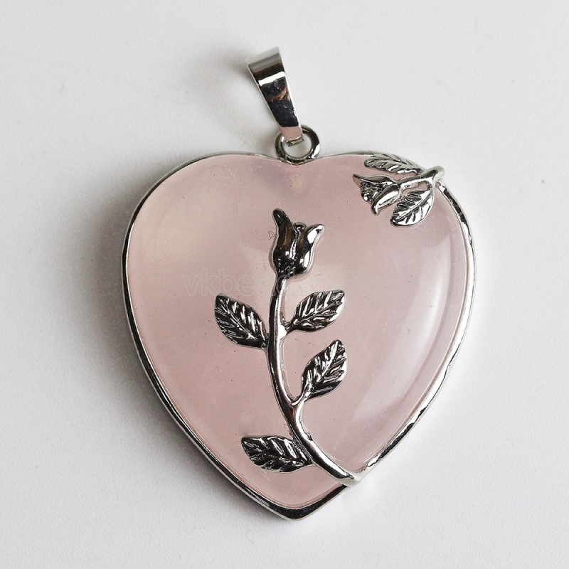 Multi-Gemstone Smooth Heart Pendants, with Rose Flower Rhodium Plated Base Metal Findings, Approx 31mm, Sell by Piece