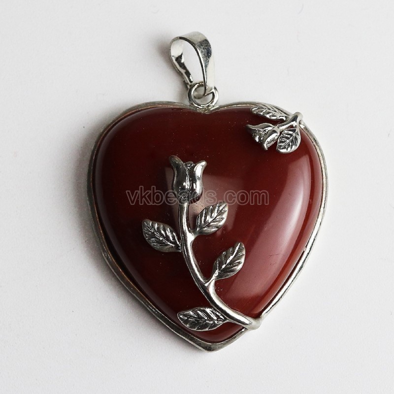 Multi-Gemstone Smooth Heart Pendants, with Rose Flower Rhodium Plated Base Metal Findings, Approx 31mm, Sell by Piece