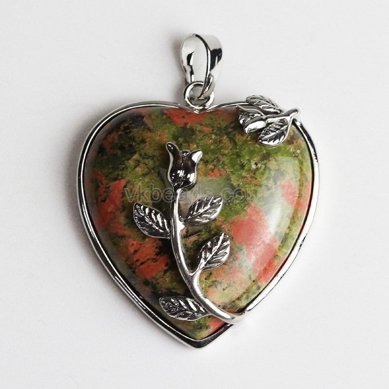 Multi-Gemstone Smooth Heart Pendants, with Rose Flower Rhodium Plated Base Metal Findings, Approx 31mm, Sell by Piece