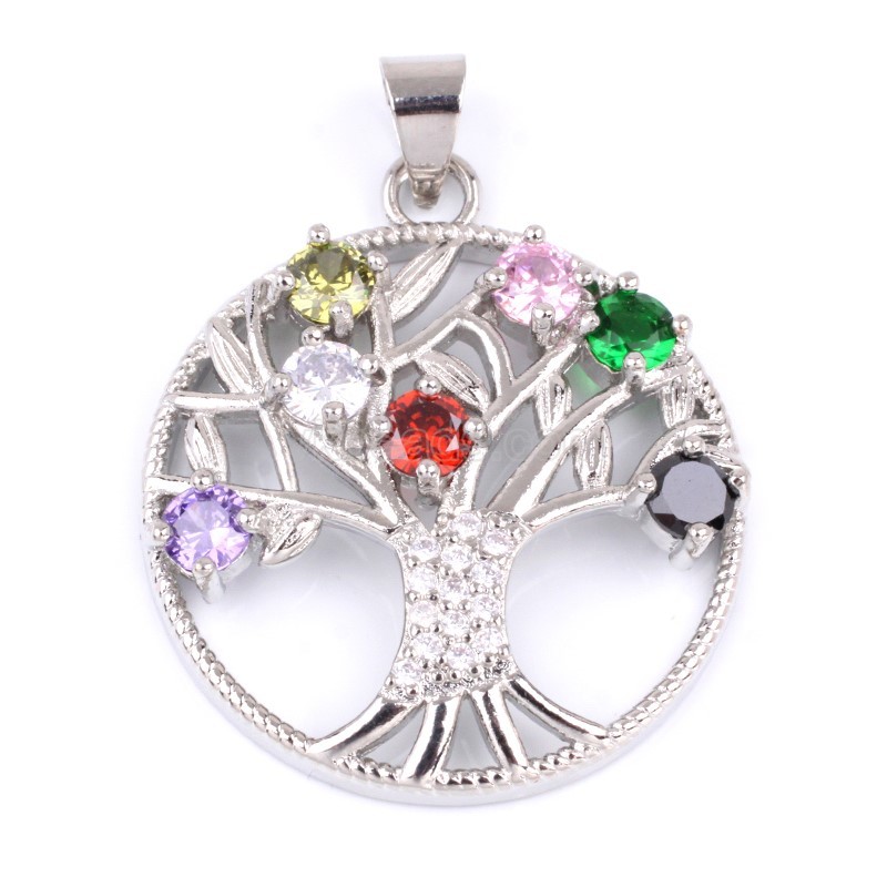 7 Chakra Zirconia Tree of Life Flat Round Pendants, with Rhodium Plated Base Metal Findings, Approx 27mm, Sell by Piece