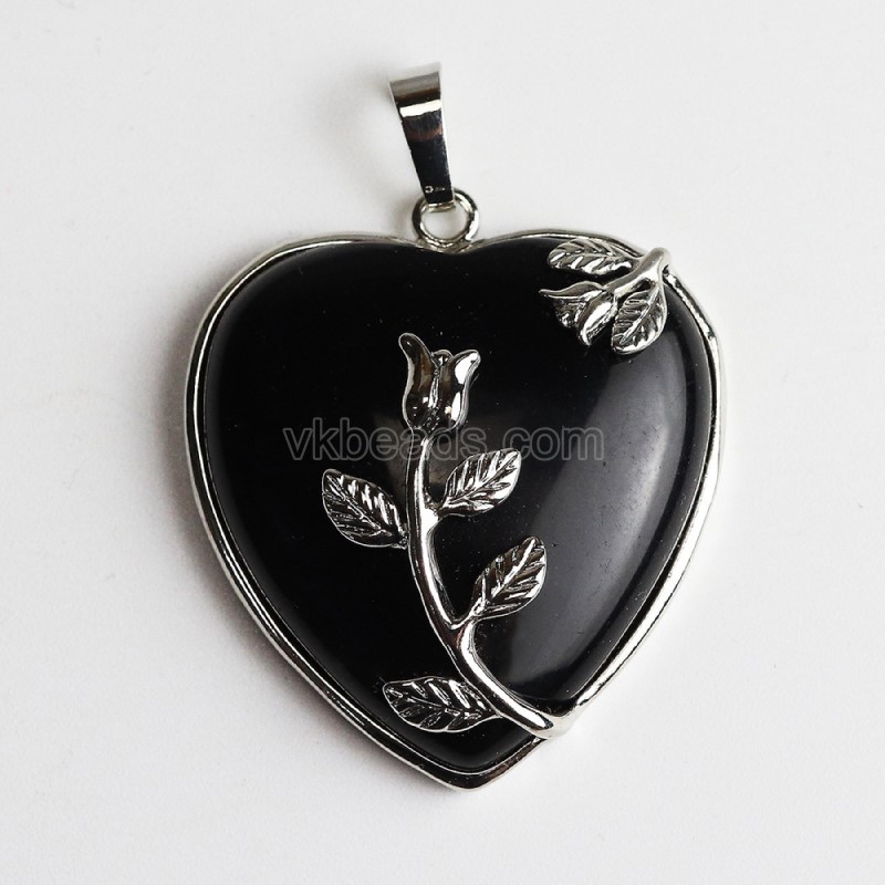Multi-Gemstone Smooth Heart Pendants, with Rose Flower Rhodium Plated Base Metal Findings, Approx 31mm, Sell by Piece