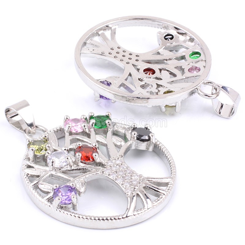 7 Chakra Zirconia Tree of Life Flat Round Pendants, with Rhodium Plated Base Metal Findings, Approx 27mm, Sell by Piece