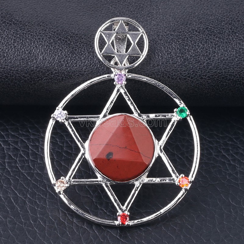 Multi-Gemstone Faceted Flat Round Star of David Pendants, with Rhinestone Seven Chakras Rhodium Plated Base Metal Findings, Approx 35mm, Sell by Piece