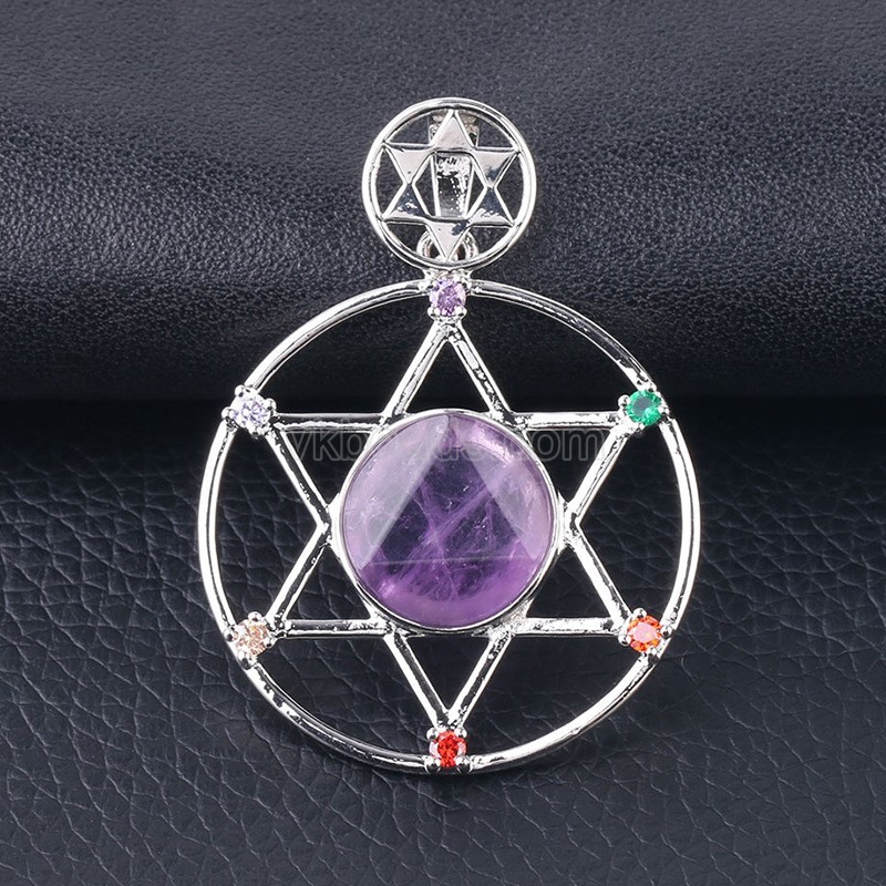 Multi-Gemstone Faceted Flat Round Star of David Pendants, with Rhinestone Seven Chakras Rhodium Plated Base Metal Findings, Approx 35mm, Sell by Piece