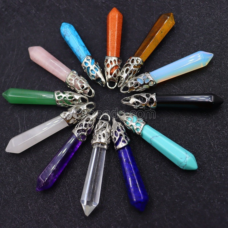 Multi-Gemstone Hexagon Prism Bullet Pendants, with Rhodium Plated Base Metal Findings, Approx 16x50mm, Sell by Piece