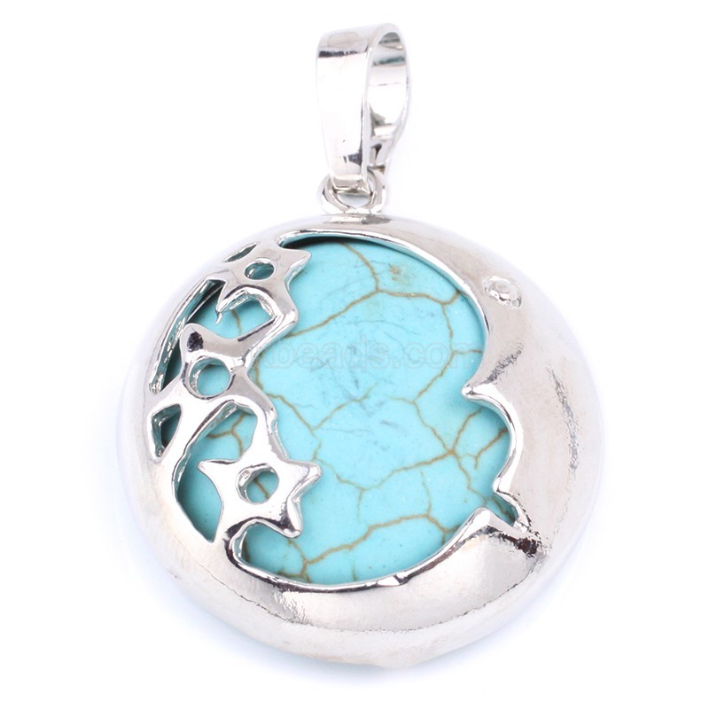 Multi-Gemstone Flat Round Pendants, with Rhodium Plated Moon Star Base Metal Findings, Approx 23x27mm, Sell by Piece