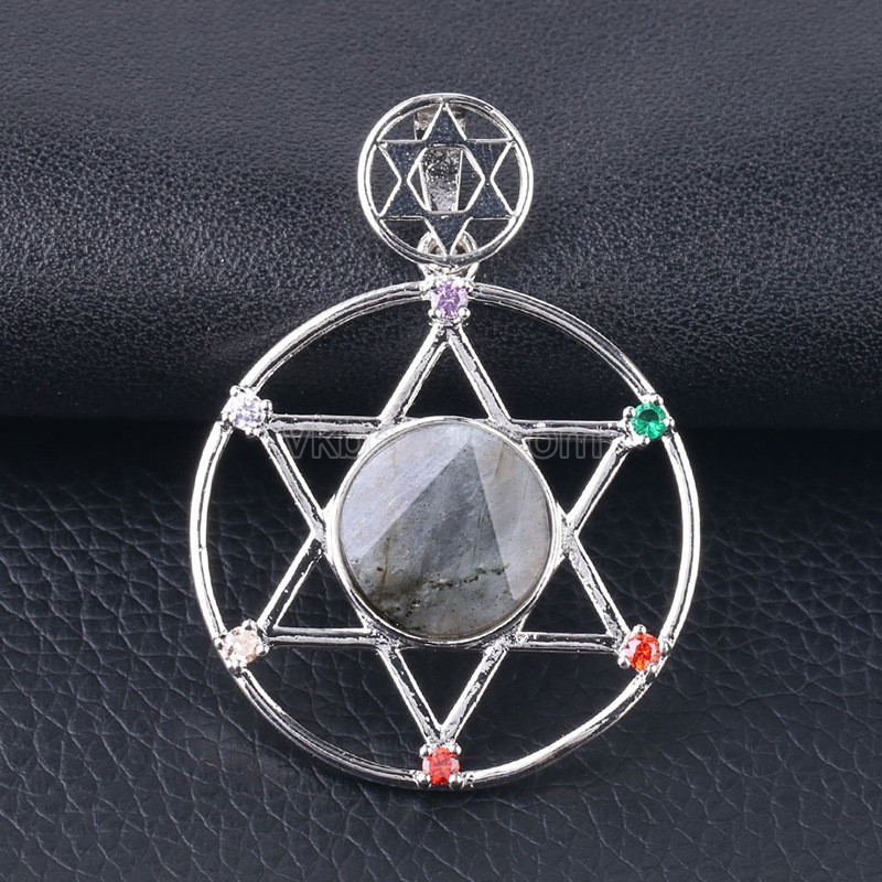 Multi-Gemstone Faceted Flat Round Star of David Pendants, with Rhinestone Seven Chakras Rhodium Plated Base Metal Findings, Approx 35mm, Sell by Piece