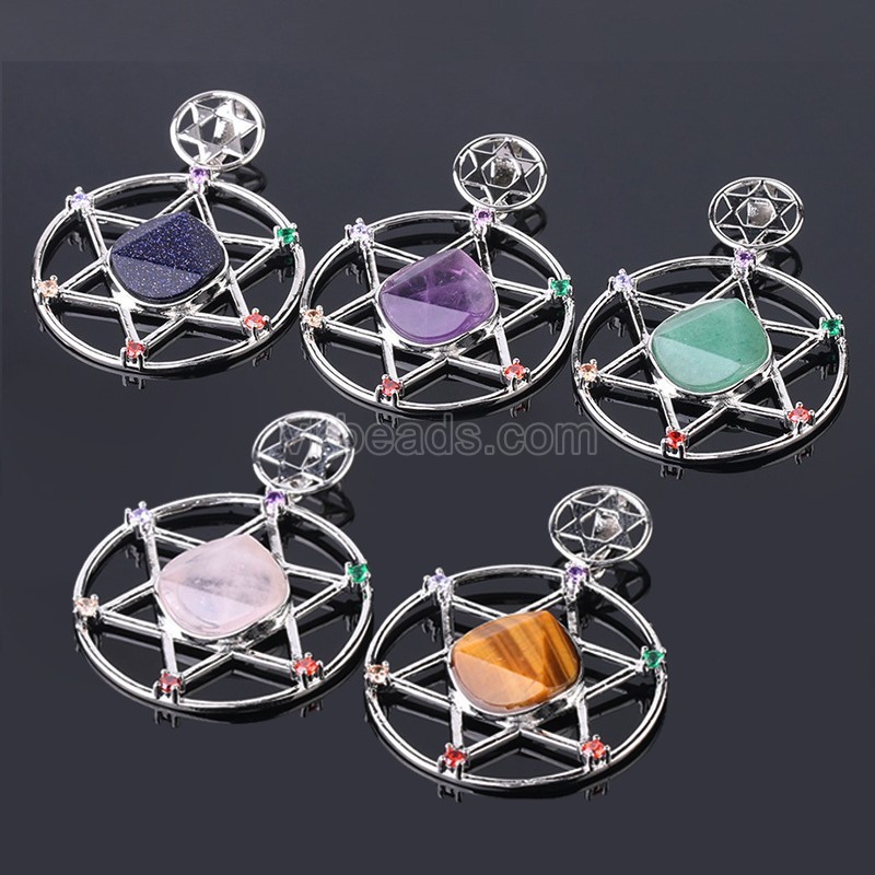 Multi-Gemstone Faceted Flat Round Star of David Pendants, with Rhinestone Seven Chakras Rhodium Plated Base Metal Findings, Approx 35mm, Sell by Piece