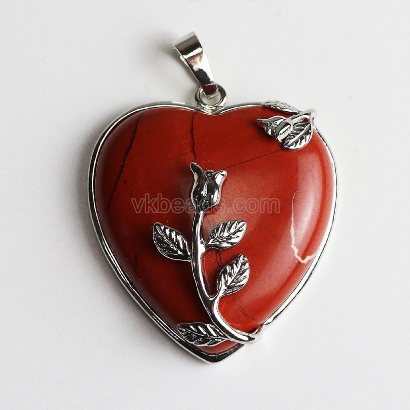 Multi-Gemstone Smooth Heart Pendants, with Rose Flower Rhodium Plated Base Metal Findings, Approx 31mm, Sell by Piece