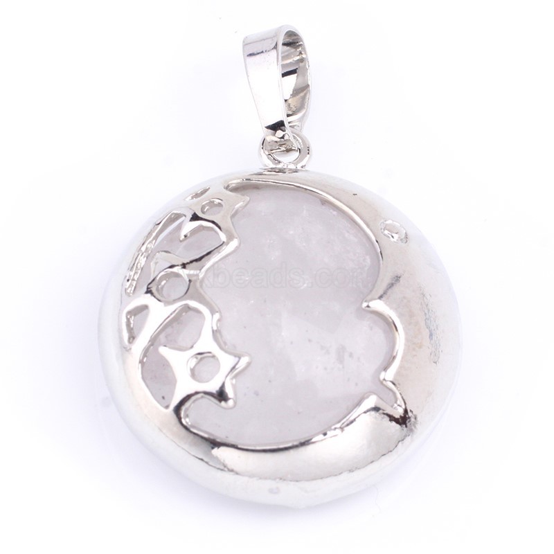 Multi-Gemstone Flat Round Pendants, with Rhodium Plated Moon Star Base Metal Findings, Approx 23x27mm, Sell by Piece