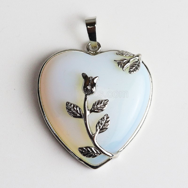 Multi-Gemstone Smooth Heart Pendants, with Rose Flower Rhodium Plated Base Metal Findings, Approx 31mm, Sell by Piece