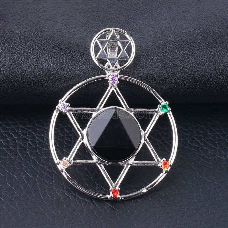Multi-Gemstone Faceted Flat Round Star of David Pendants, with Rhinestone Seven Chakras Rhodium Plated Base Metal Findings, Approx 35mm, Sell by Piece