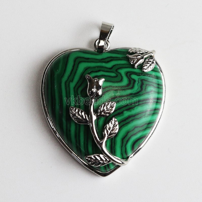 Multi-Gemstone Smooth Heart Pendants, with Rose Flower Rhodium Plated Base Metal Findings, Approx 31mm, Sell by Piece