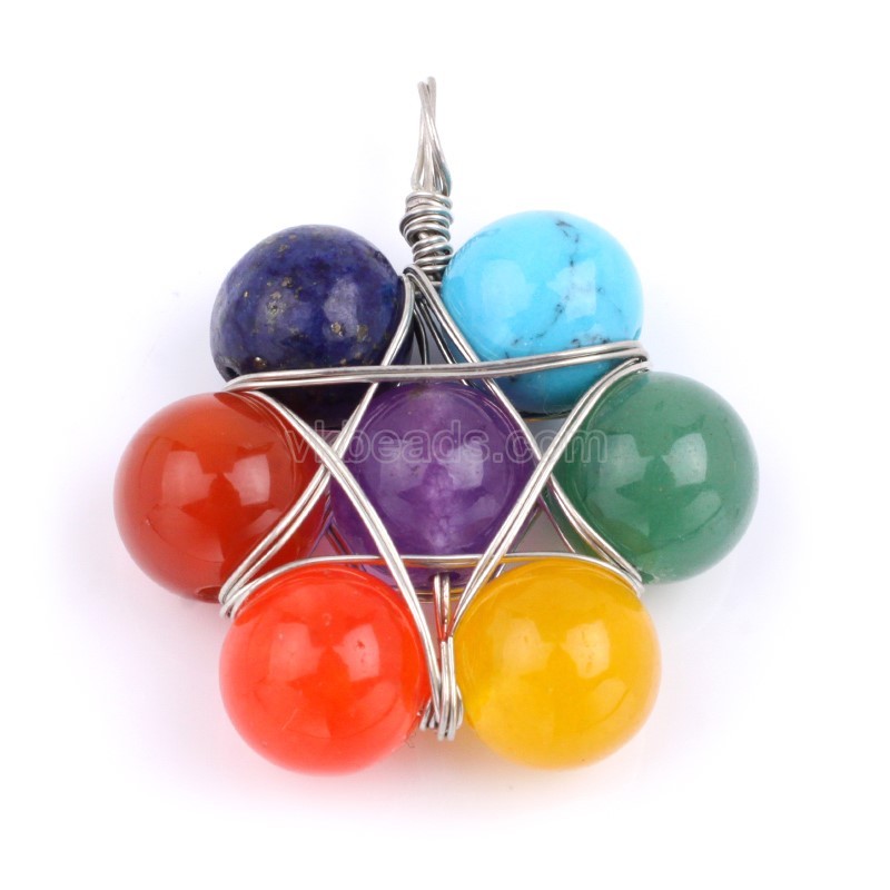 7 Chakra Star of David Pendants, Amethyst+Lapis Lazuli+Blue Turquoise(Dyed Magnesite)+Green Aventurine+Yellow Agate+Dyed Red Jade+Red Agate(Dyed)+Lapis Lazuli(Dyed), with Rhodium Plated Base Metal Findings, Approx 30x30mm, Sell by Piece