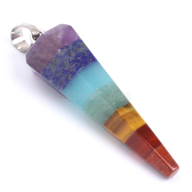 7 Chakra Pendants, Amethyst+Lapis Lazuli+Dyed Blue Jade+Green Aventurine+Yellow Tiger Eye+Red Agate(Dyed)+Red Jasper, with Rhodium Plated Base Metal Findings, Sell by Piece