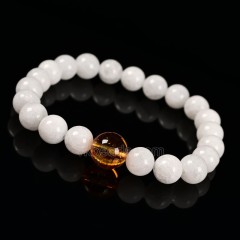 White Jade Smooth Round Beads Stretch Bracelets, with Amber Imitation Bead, Approx 8mm, Sell by Piece
