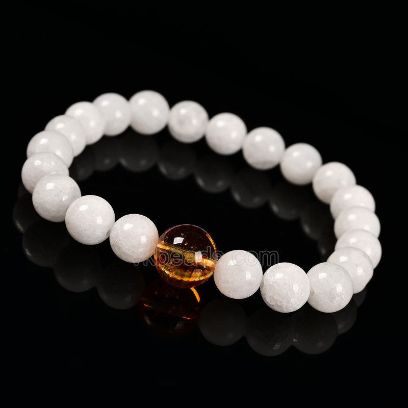 White Jade Smooth Round Beads Stretch Bracelets, with Amber Imitation Bead, Approx 8mm, Sell by Piece