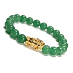 Green Aventurine Smooth Round Beads with Pixiu Gold Color Plated Base Metal Stretch Bracelets, Approx 8mm, Sell by Piece