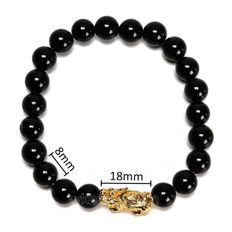 Black Agate 8mm Smooth Round Beads with Pixiu Gold Color Plated Base Metal Stretch Bracelets, Approx 8mm, Sell by Piece