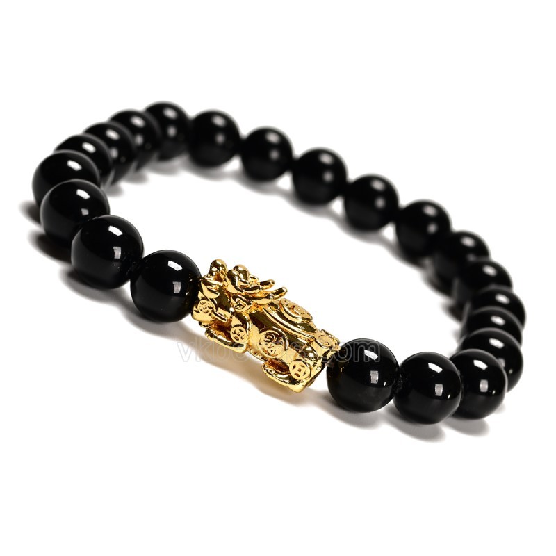 Black Agate 8mm Smooth Round Beads with Pixiu Gold Color Plated Base Metal Stretch Bracelets, Approx 8mm, Sell by Piece