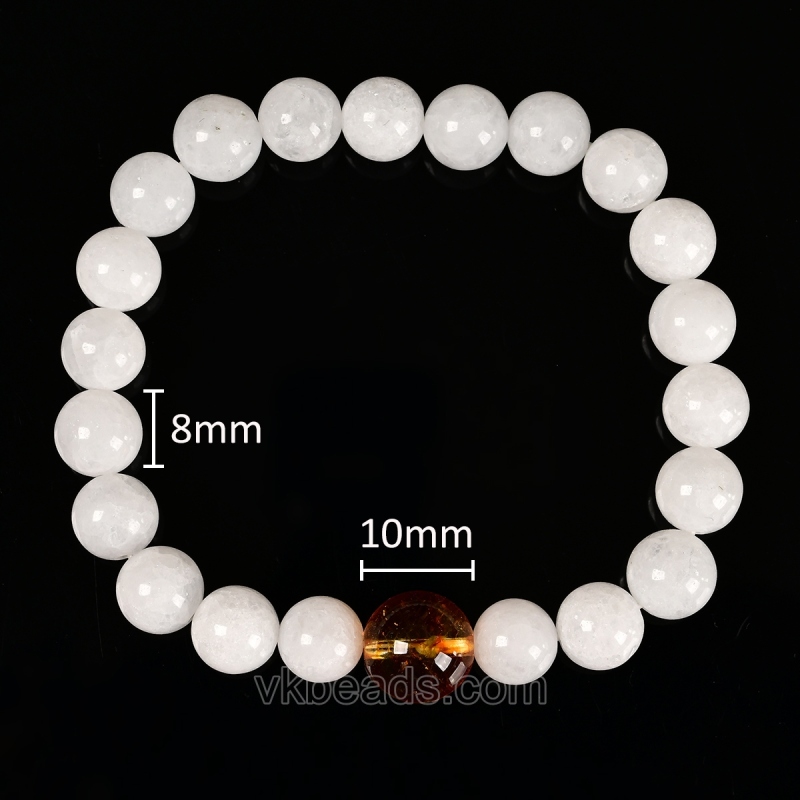 White Jade Smooth Round Beads Stretch Bracelets, with Amber Imitation Bead, Approx 8mm, Sell by Piece