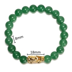 Green Aventurine Smooth Round Beads with Pixiu Gold Color Plated Base Metal Stretch Bracelets, Approx 8mm, Sell by Piece