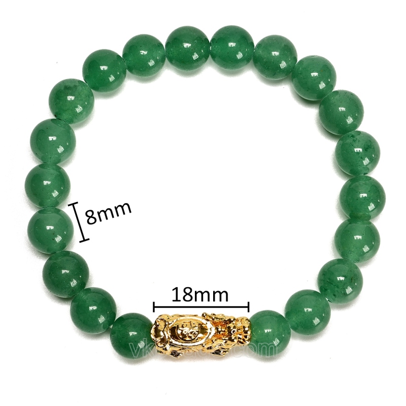 Green Aventurine Smooth Round Beads with Pixiu Gold Color Plated Base Metal Stretch Bracelets, Approx 8mm, Sell by Piece