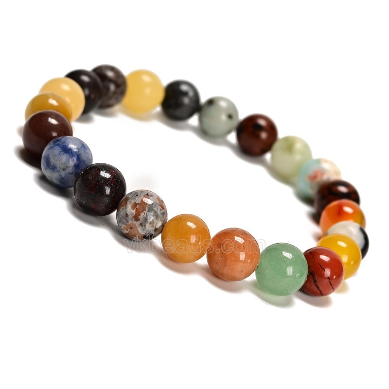 Random Mixed Stone Smooth Round Beads Stretch Bracelets, Approx 8mm, Sell by Piece