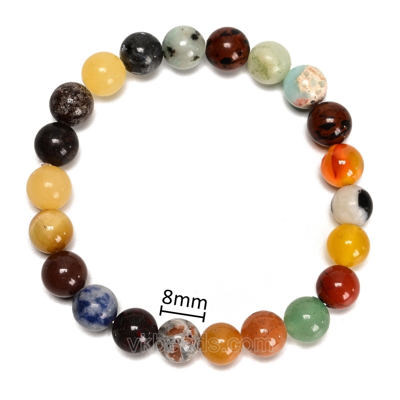 Random Mixed Stone Smooth Round Beads Stretch Bracelets, Approx 8mm, Sell by Piece