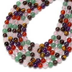 Clear Quartz+Rose Quartz+Yellow Tiger Eye+Amethyst+Green Aventurine+Smoky Quartz+Red Agate Mixed Stone Smooth Round Beads Strands, Approx 6-10mm, 38cm/strand