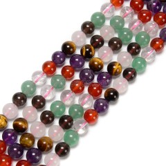 Clear Quartz+Rose Quartz+Yellow Tiger Eye+Amethyst+Green Aventurine+Smoky Quartz+Red Agate Mixed Stone Smooth Round Beads Strands, Approx 6-10mm, 38cm/strand