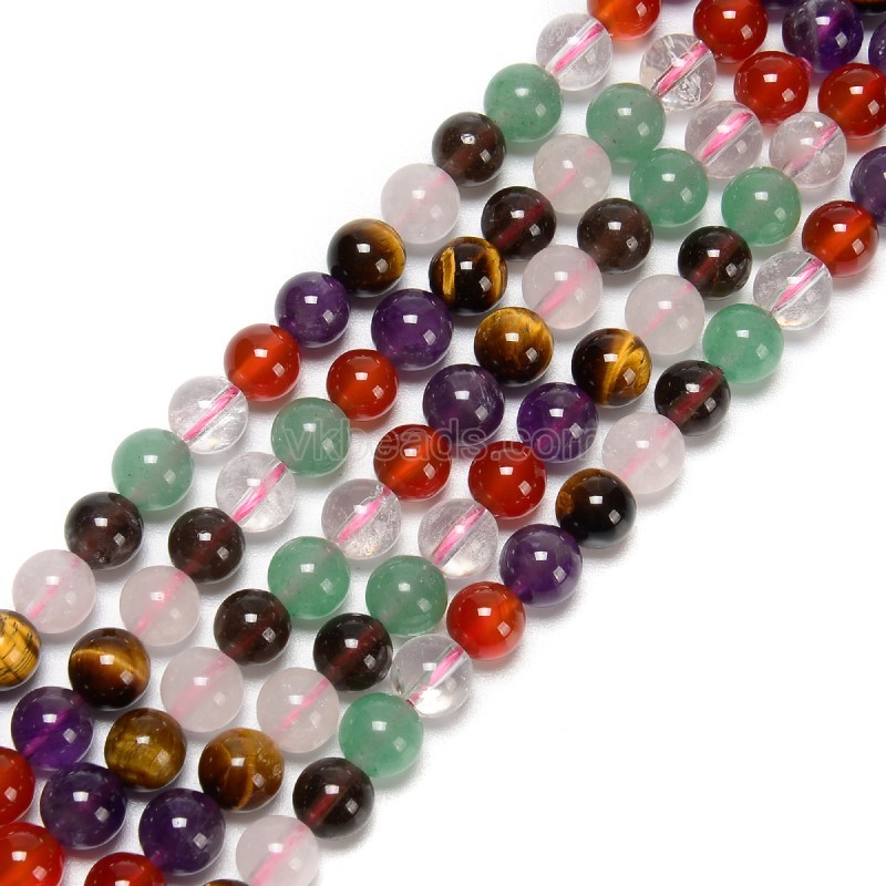 Clear Quartz+Rose Quartz+Yellow Tiger Eye+Amethyst+Green Aventurine+Smoky Quartz+Red Agate Mixed Stone Smooth Round Beads Strands, Approx 6-10mm, 38cm/strand