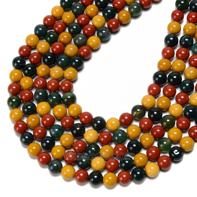 Yellow Mookaite+Moss Agate+Red Jasper Mixed Stone Smooth Round Beads Strands, Approx 6-10mm, 38cm/strand