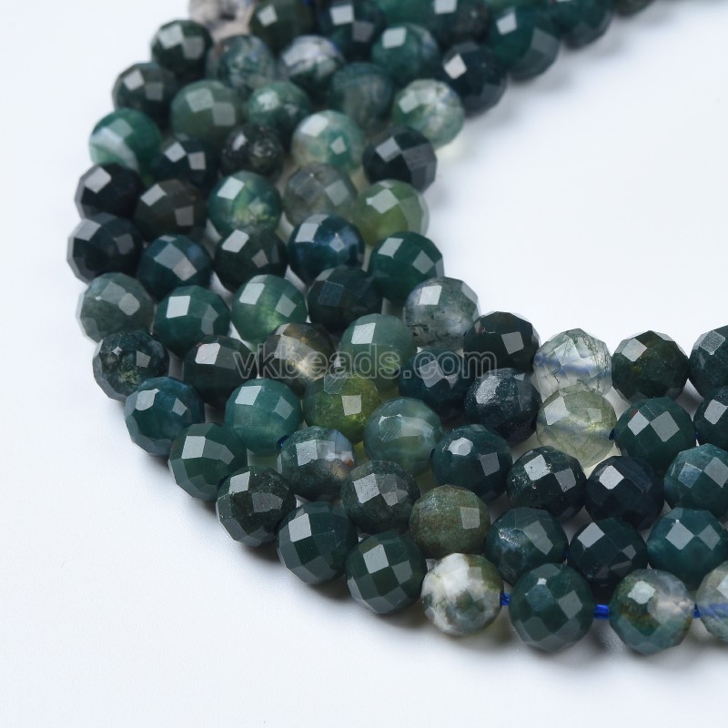 Moss Agate Faceted Round Beads Strands, Sharp Facet, Approx 4-8mm, 38cm/strand