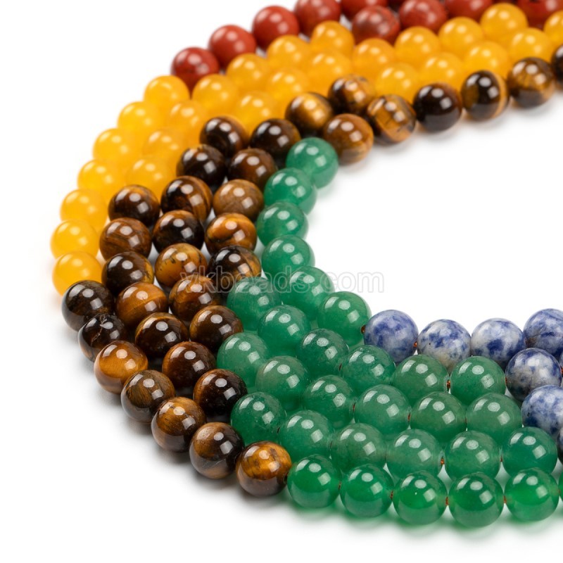 Chervon Amethyst+Lapis Lazuli+Blue Spot Jasper+Green Aventurine+Yellow Tiger Eye+Yellow Jade+Red Jasper Mixed Stone Smooth Round Beads Strands, Approx 4-10mm, 38cm/strand