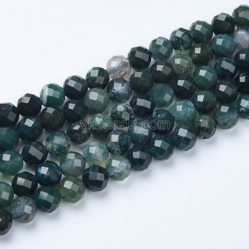 Moss Agate Faceted Round Beads Strands, Sharp Facet, Approx 4-8mm, 38cm/strand