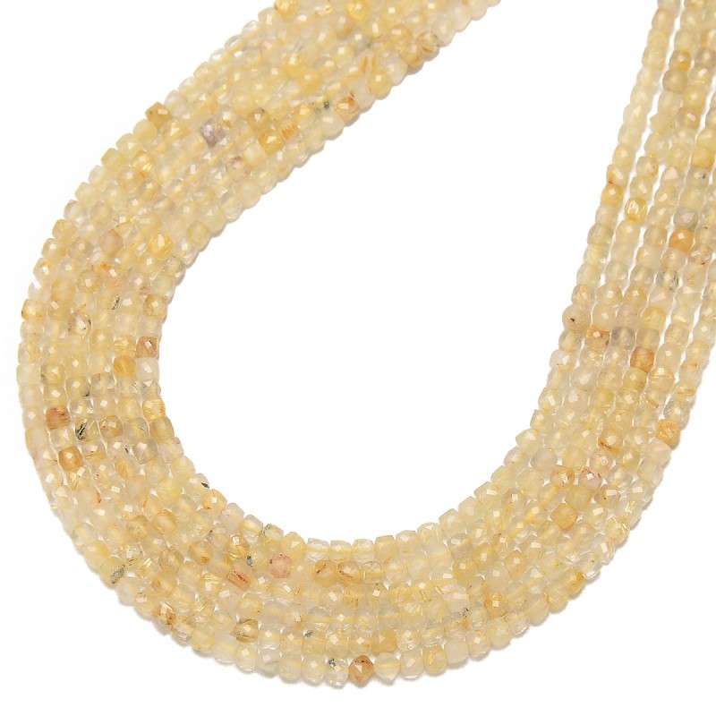 Natural Gold Rutilated Quartz Faceted Cubes, Approx 2.5mm, 38cm/strand